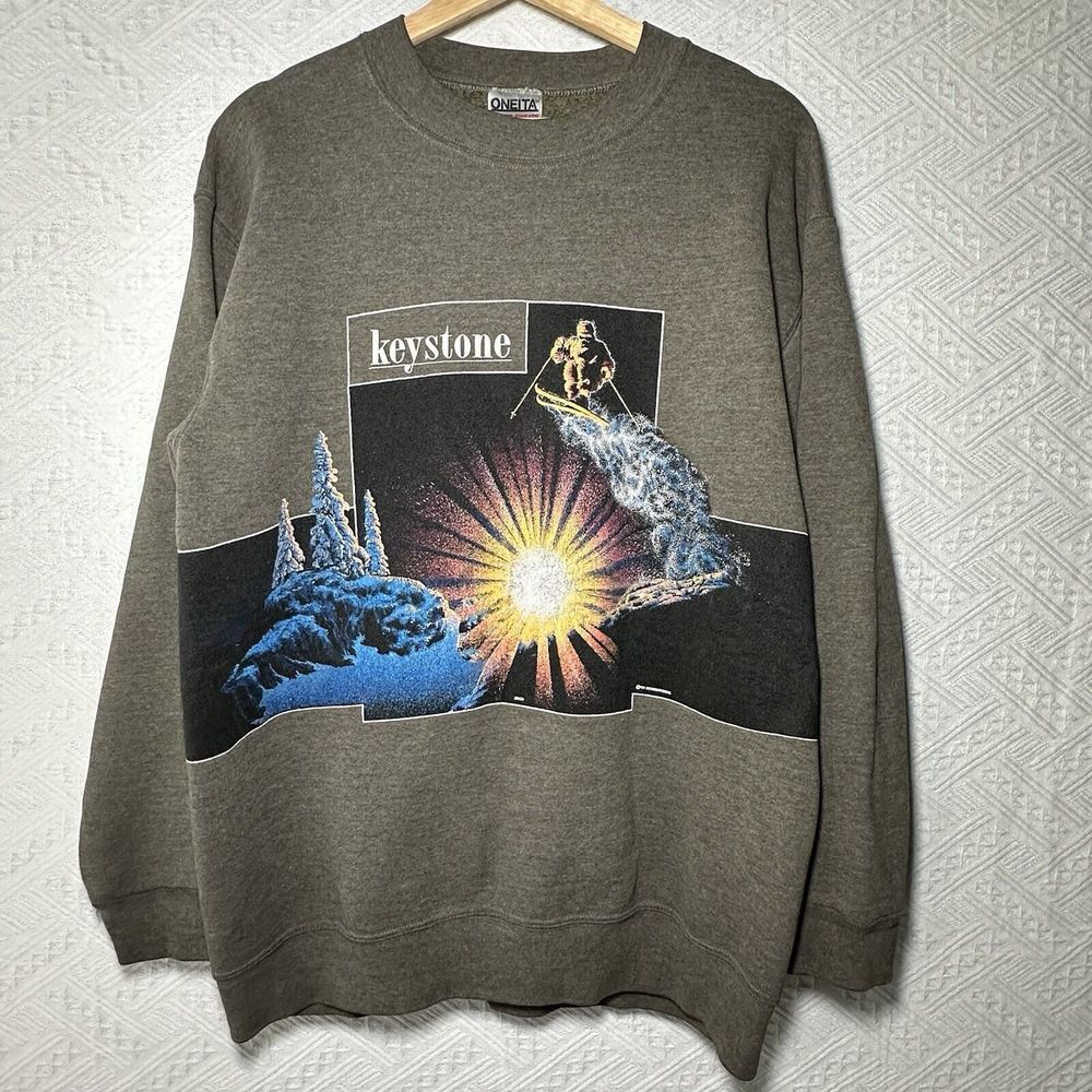 Vintage Oneita Power-Sweats Olive‎ Sweatshirt Sz L 90s USA Keystone Colorado
